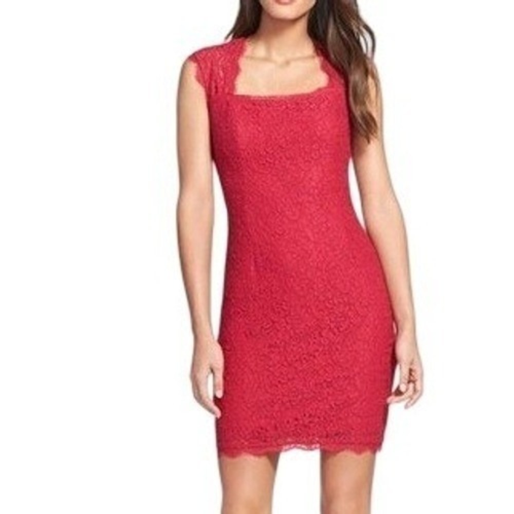 Adrianna Papell Red Floral Lace Sheath Dress Keyhole Back Size 4